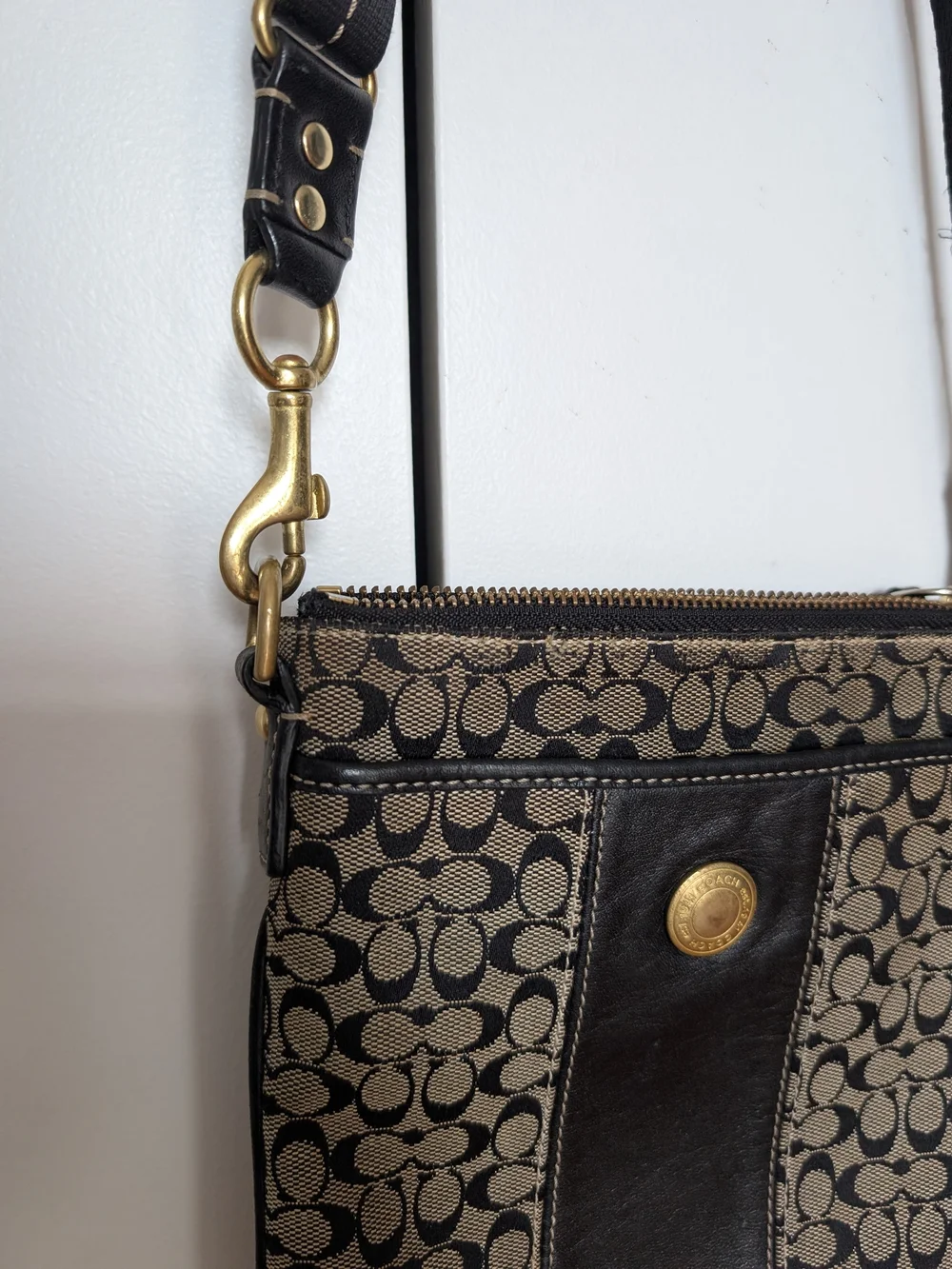 Coach Signature Monogram Crossbody Bag in Canvas and Black Leather Adjustable